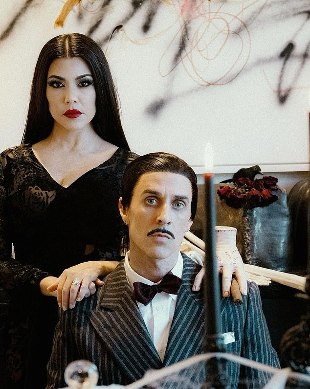 Kourtney Kardashian and Travis Barker transform into Morticia and Gomez Addams for new Halloween posts