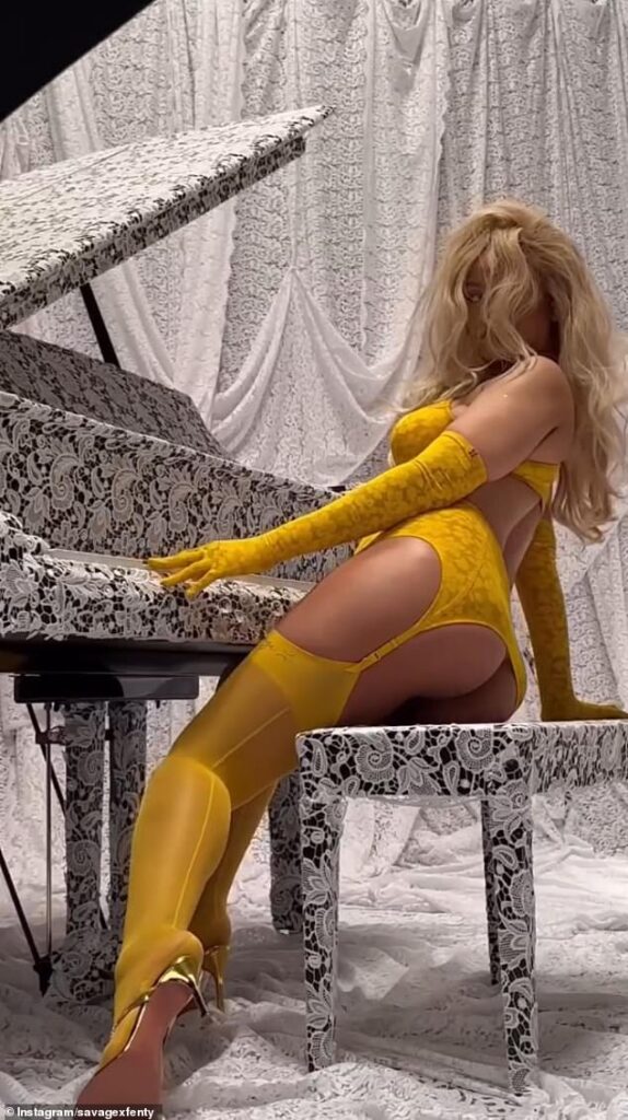 Rihanna puts on VERY cheeky display in yellow lace lingerie for Savage X Fenty shoot