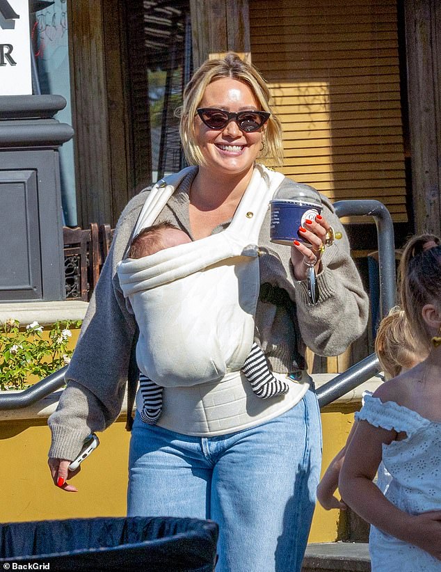 Hilary Duff has her hands full as she grabs yogurt with daughters Banks, 5, Mae, 3, and newborn Townes in LA