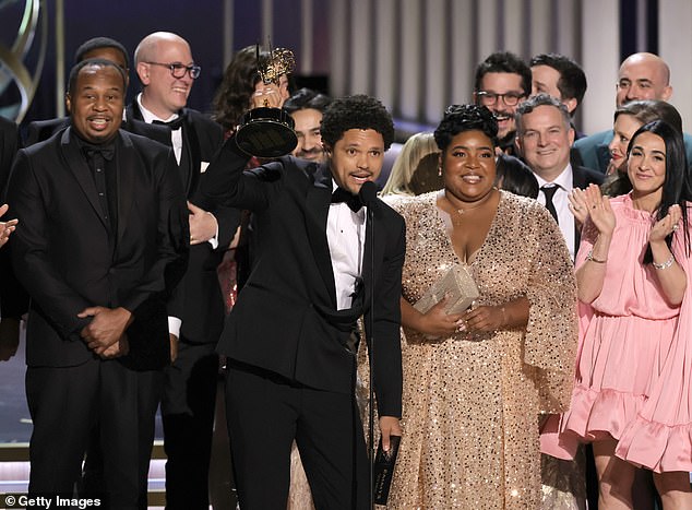 Daily Show correspondent Roy Wood Jr mouths subtle message during Trevor Noah’s Emmy win as show enters second YEAR without compere