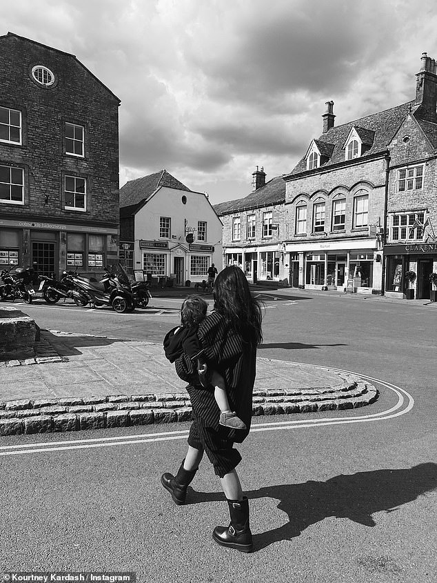 Kourtney Kardashian cuts a stylish figure as she explores the Cotswolds on ‘fairytale holiday’ and visits Estelle Manor – just hours ahead of Eve Jobs’ wedding at the ultra-secret mansion