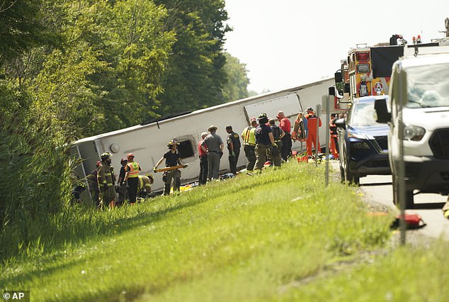 Five killed in horror bus crash after vehicle carrying 52 passengers flipped on busy highway in Upstate New York