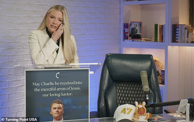 Charlie Kirk’s devastated wife Erika breaks into tears as she gives passionate tribute to MAGA star and makes defiant promise